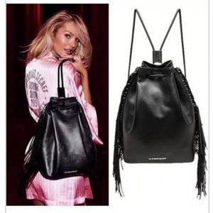 VICTORIA SECRET Faux Leather Black Backpack Fringe Purse SEXY Boho Bag NWT